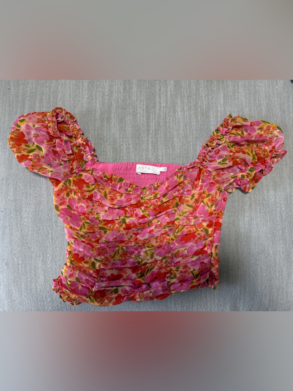 Astr Ruffled Pink & Red Floral Smocked Blouse